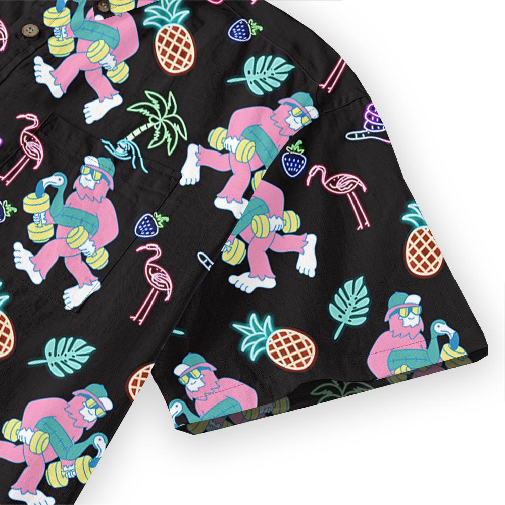 Funny Neon Bigfoot Hawaiian Black Button Down Cotton