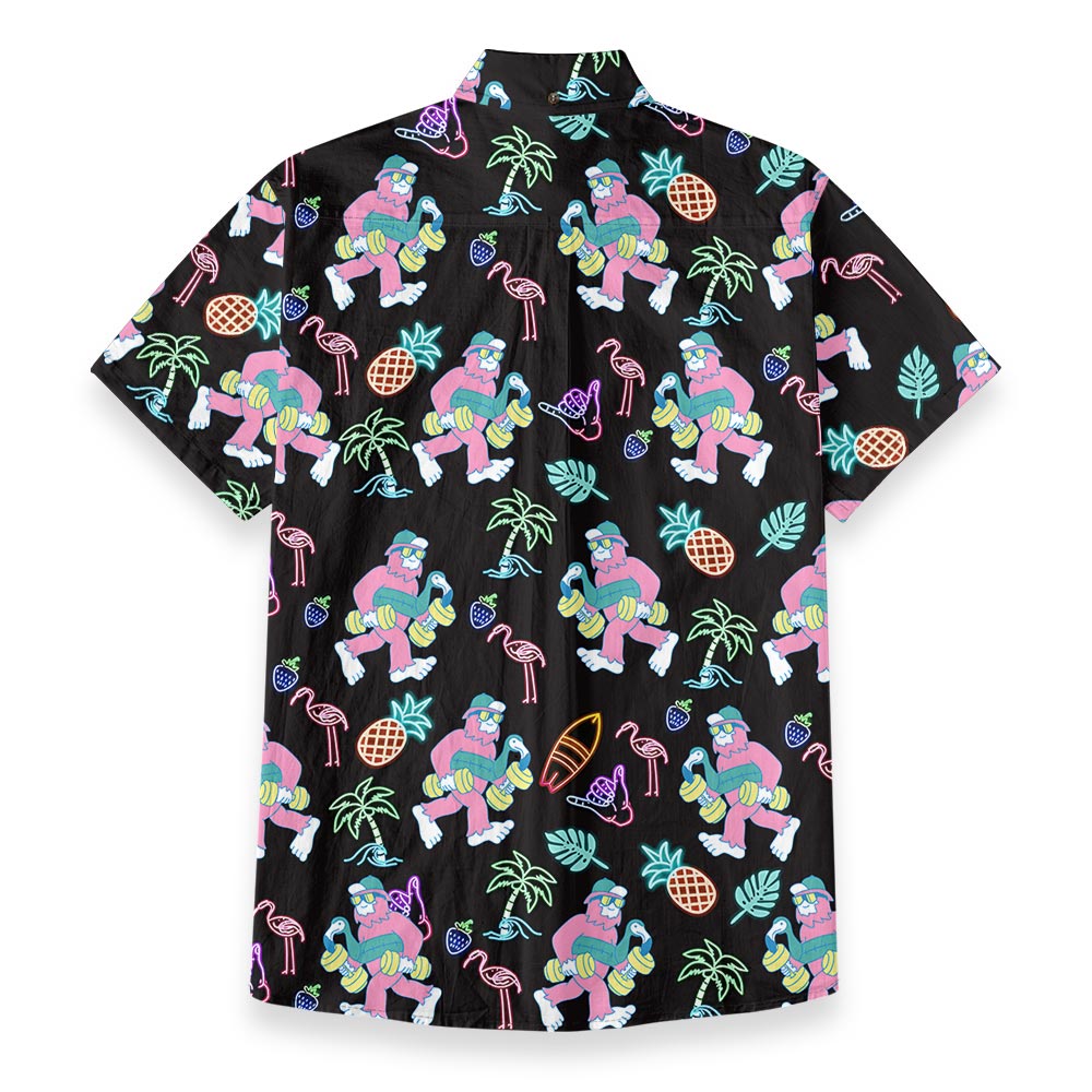 Funny Neon Bigfoot Hawaiian Black Button Down Cotton