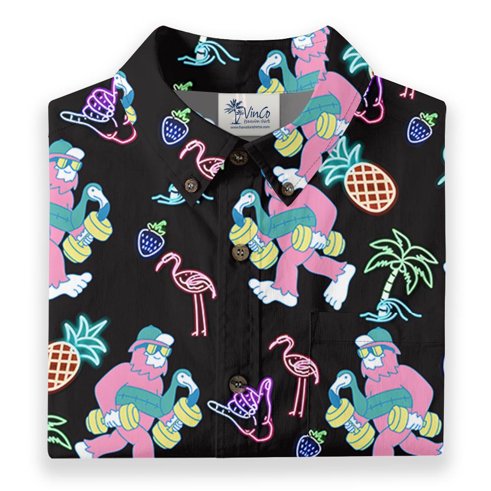 Funny Neon Bigfoot Hawaiian Black Button Down Cotton