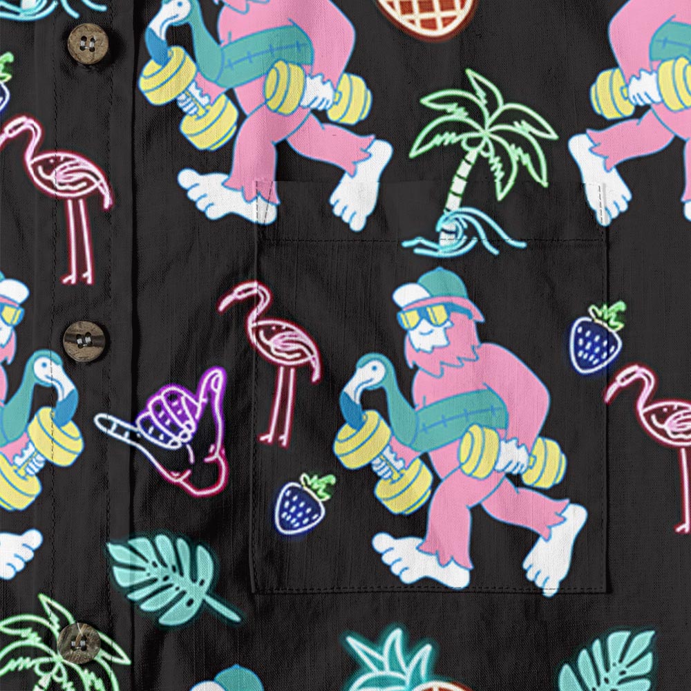 Funny Neon Bigfoot Hawaiian Black Button Down Cotton