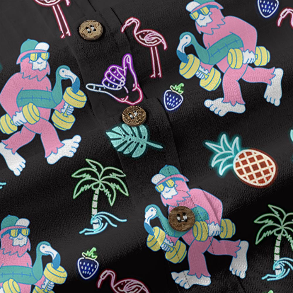 Funny Neon Bigfoot Hawaiian Black Button Down Cotton