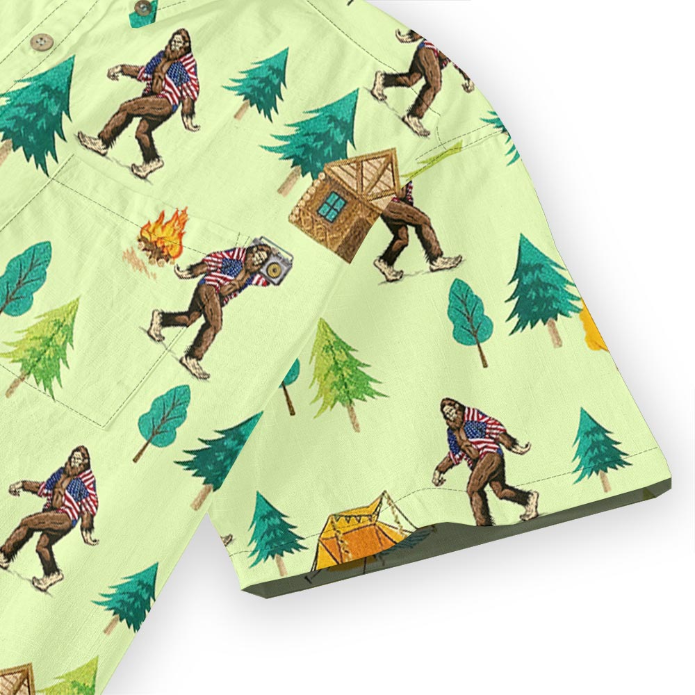 American Bigfoot Camping Hawaiian Camp Shirt Button Down
