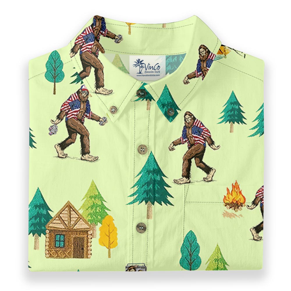 American Bigfoot Camping Hawaiian Camp Shirt Button Down