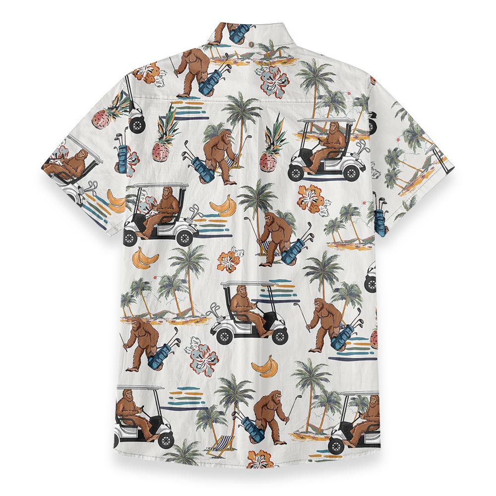 Bigfoot Playing Golf Button Down Aloha Shirt Cotton