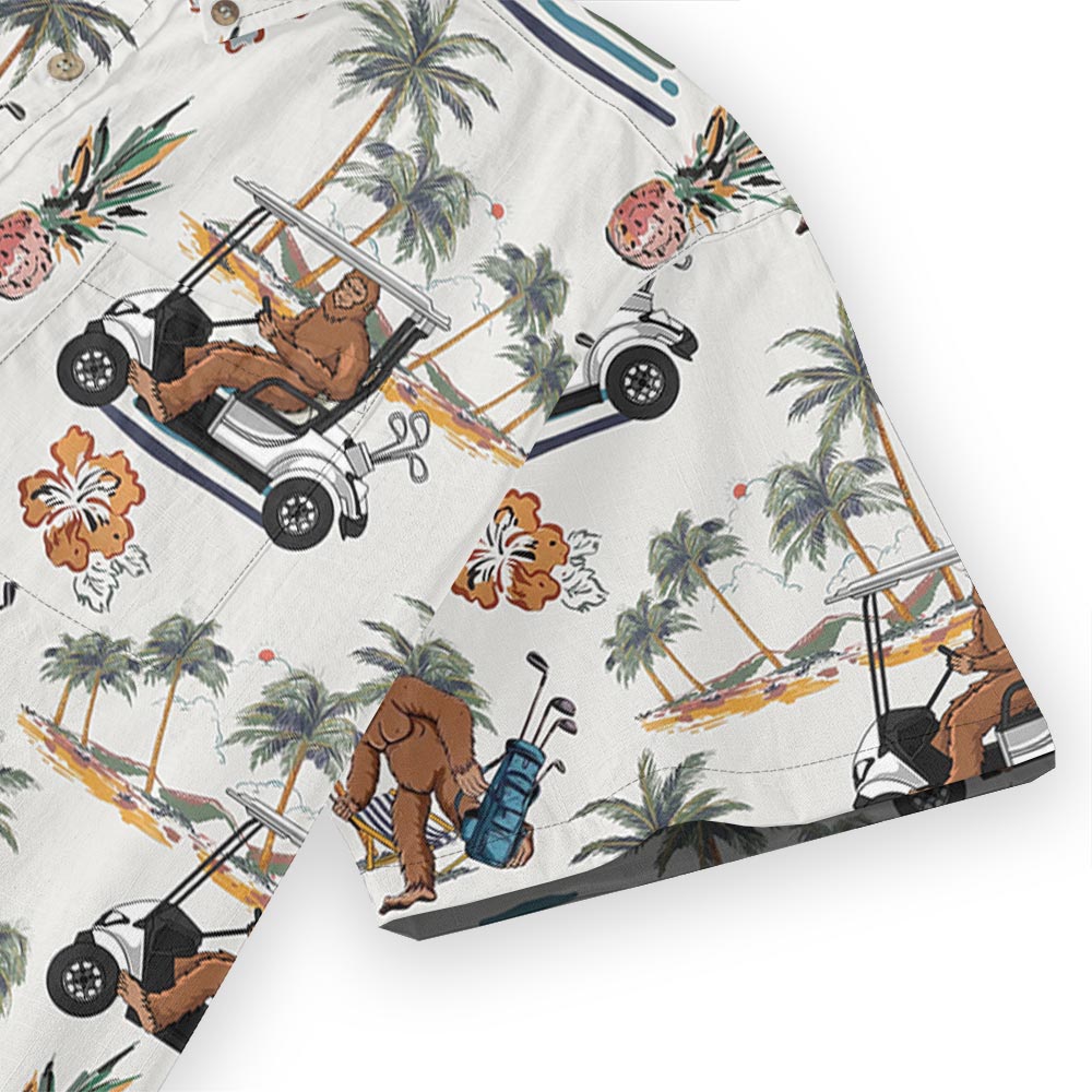 Bigfoot Playing Golf Button Down Aloha Shirt Cotton