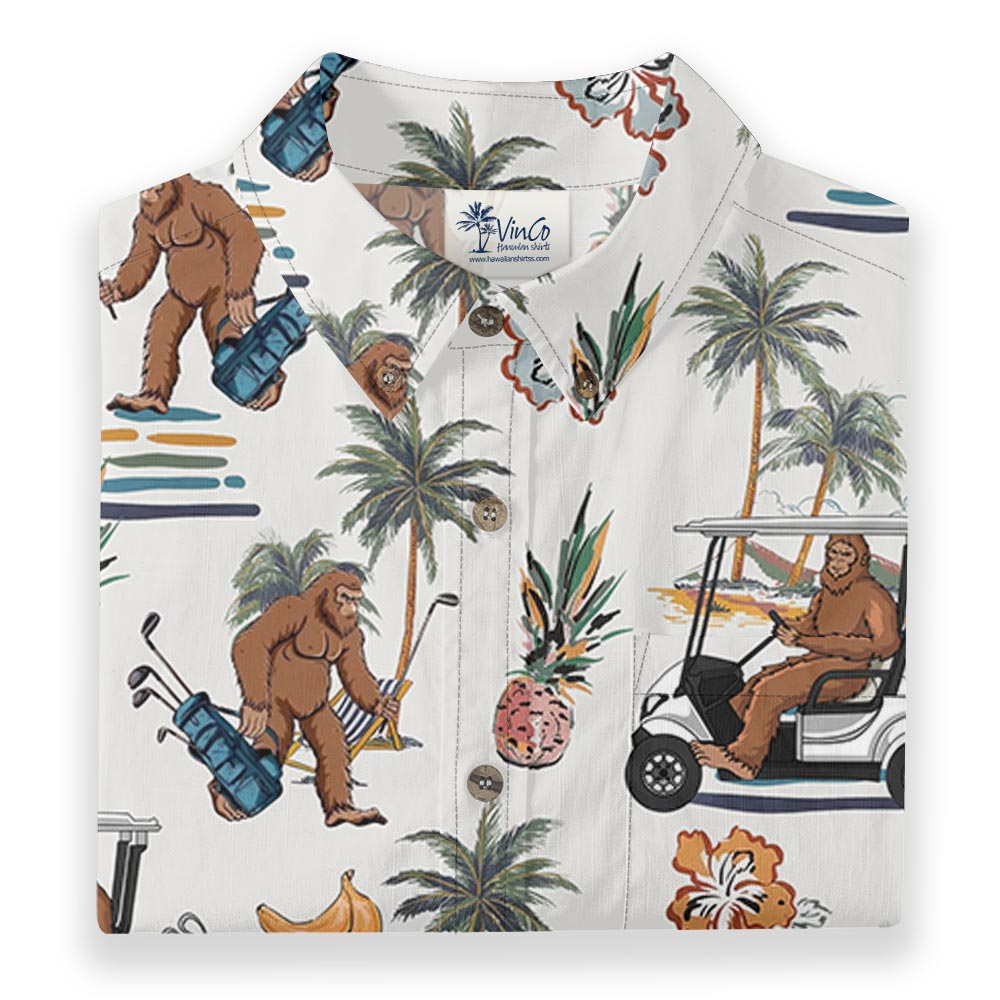 Bigfoot Playing Golf Button Down Aloha Shirt Cotton