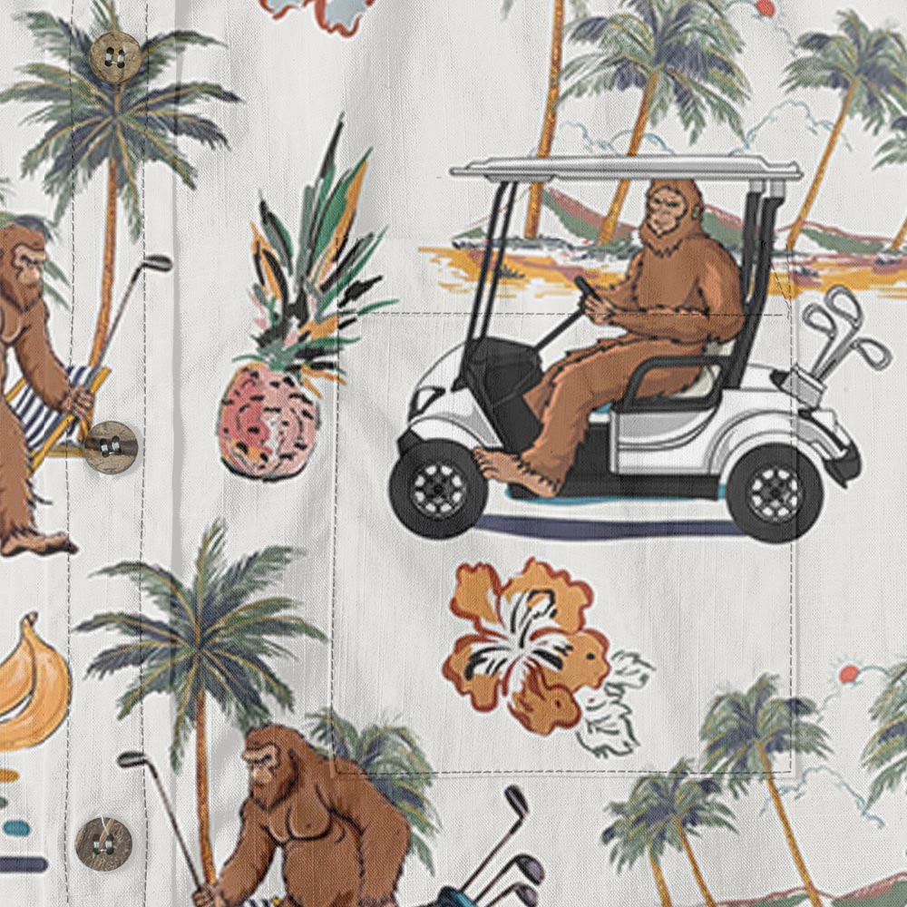 Bigfoot Playing Golf Button Down Aloha Shirt Cotton