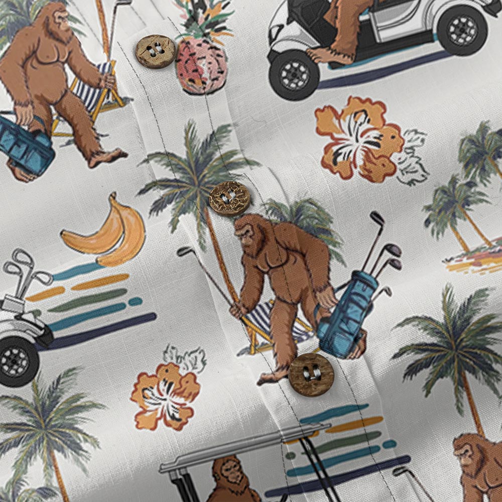 Bigfoot Playing Golf Button Down Aloha Shirt Cotton