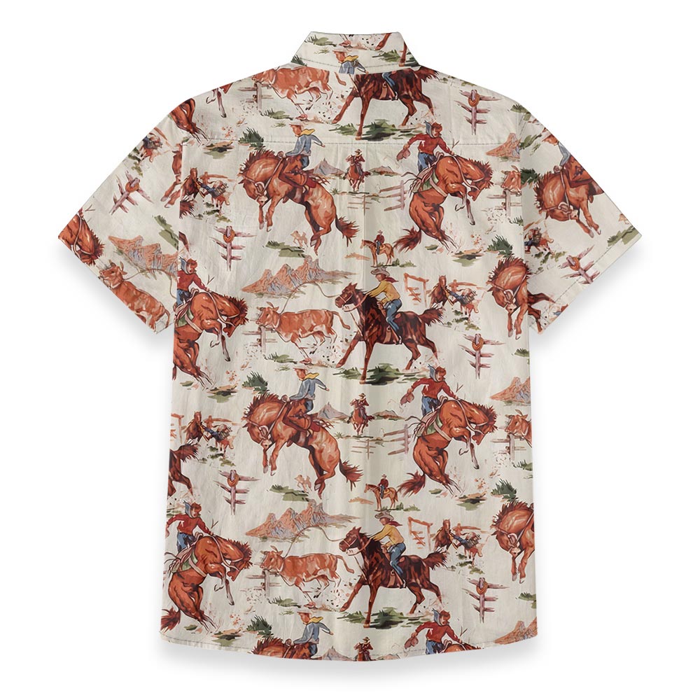Cowboy Riding Horses Hawaiian Shirt Button Down Cotton