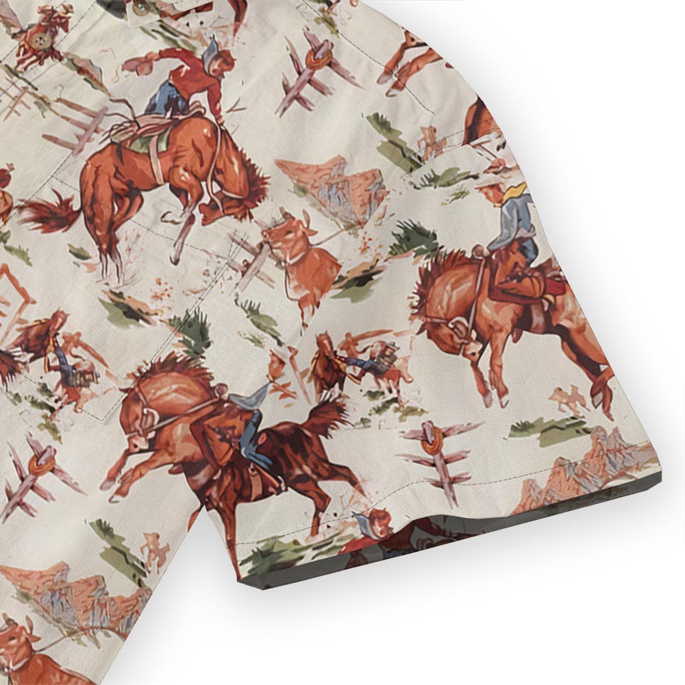 Cowboy Riding Horses Hawaiian Shirt Button Down Cotton