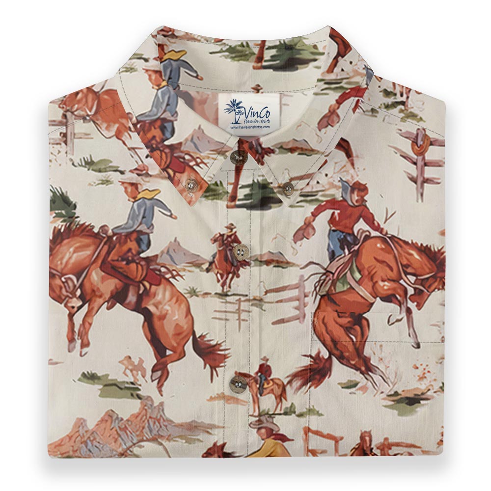 Cowboy Riding Horses Hawaiian Shirt Button Down Cotton