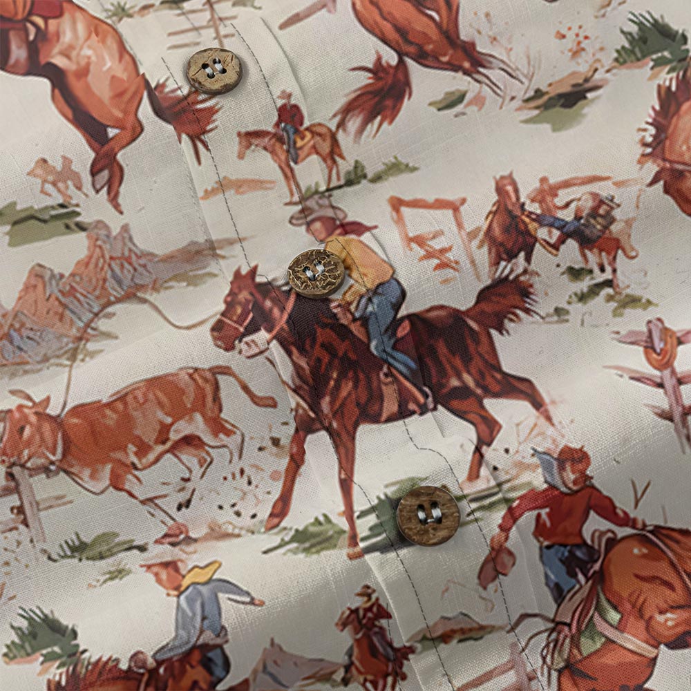 Cowboy Riding Horses Hawaiian Shirt Button Down Cotton