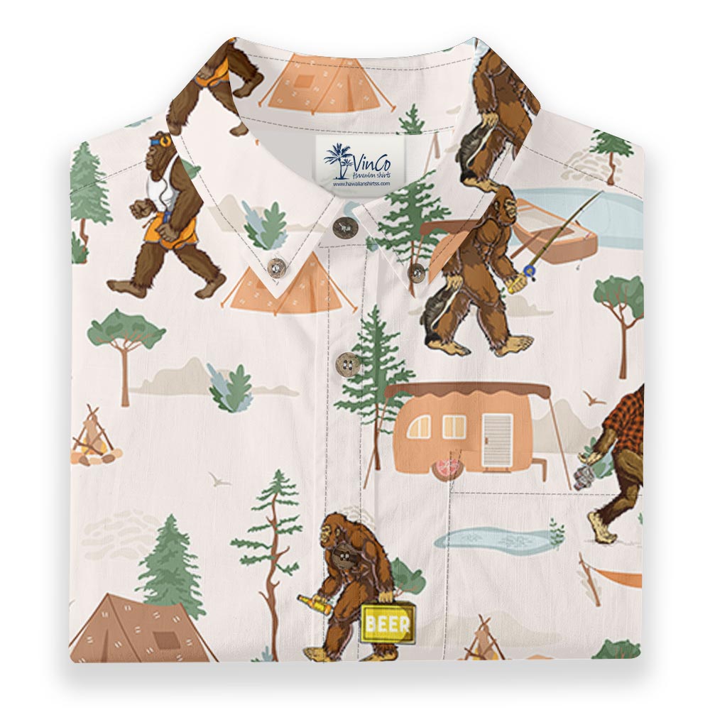 Bigfoot Camping Button Down Cotton Hawaiian Shirt