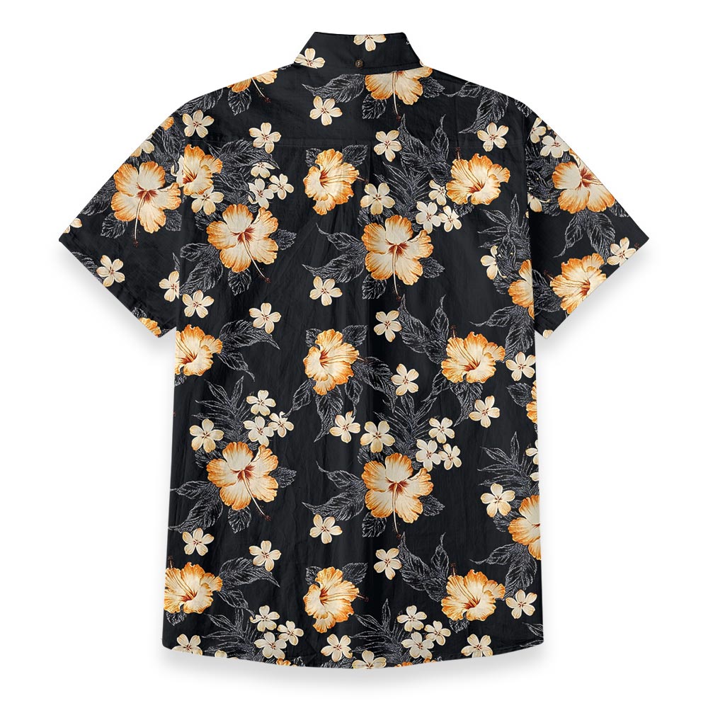 Classic Hibiscus Black Aloha Shirt Button Down Cotton
