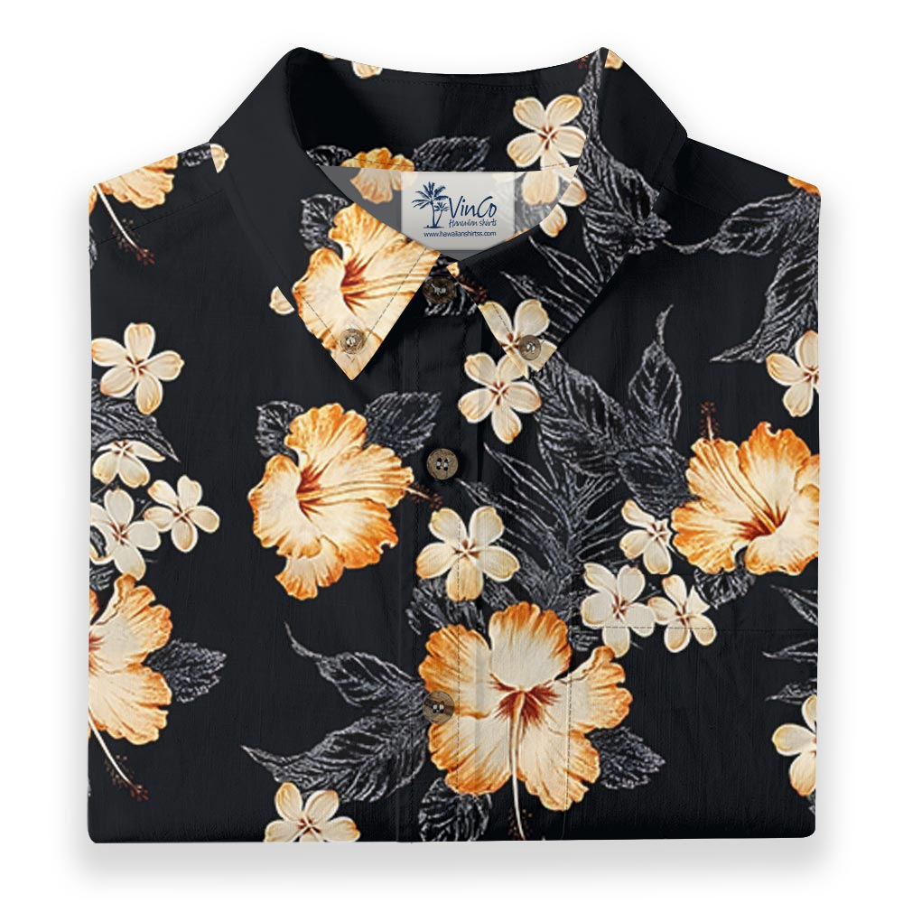 Classic Hibiscus Black Aloha Shirt Button Down Cotton
