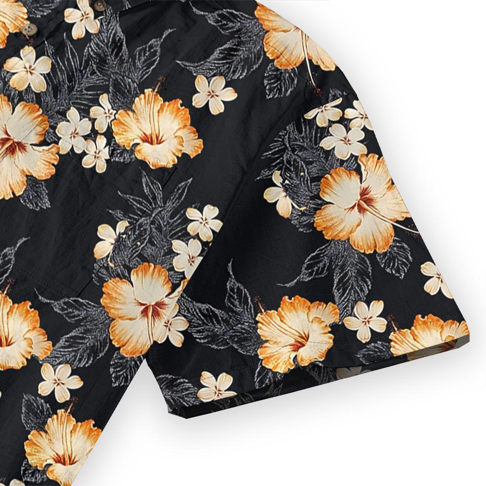 Classic Hibiscus Black Aloha Shirt Button Down Cotton
