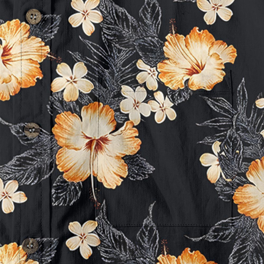 Classic Hibiscus Black Aloha Shirt Button Down Cotton