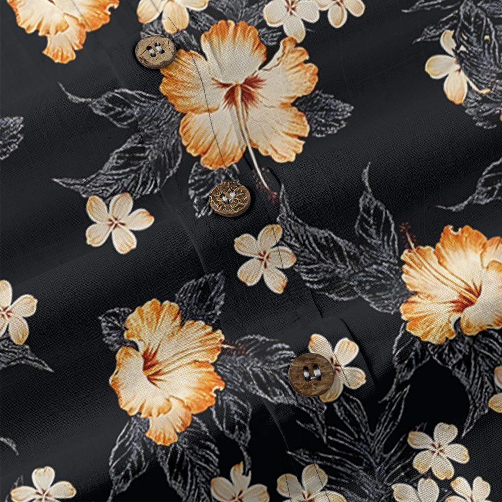 Classic Hibiscus Black Aloha Shirt Button Down Cotton