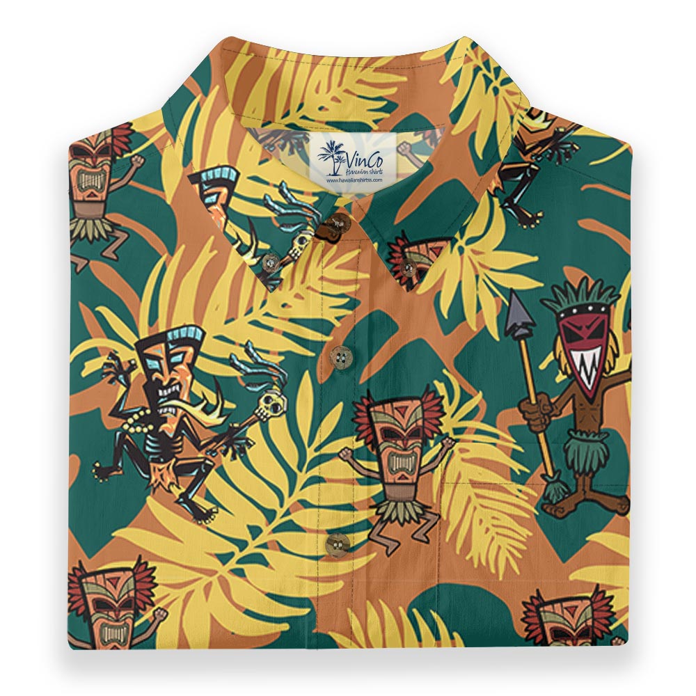 Tropical Tribal Tiki Man Button Down Cotton Shirt