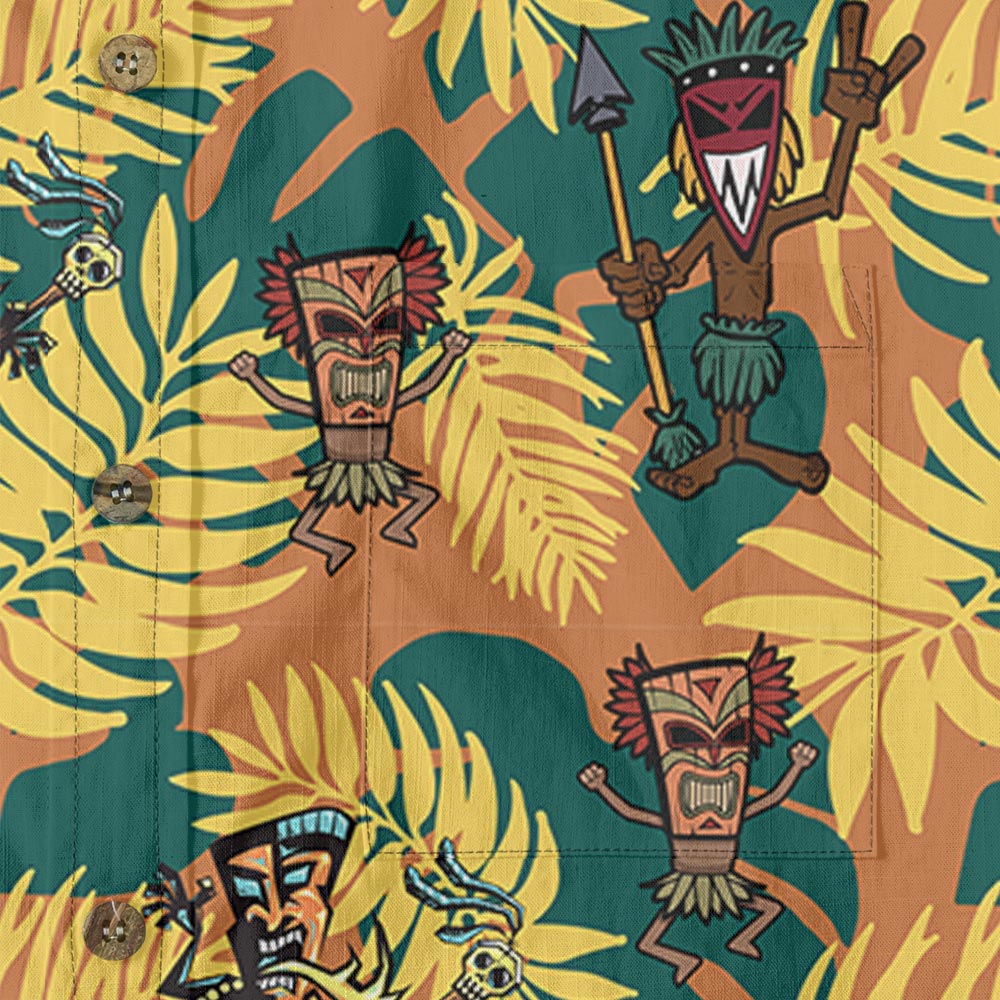 Tropical Tribal Tiki Man Button Down Cotton Shirt