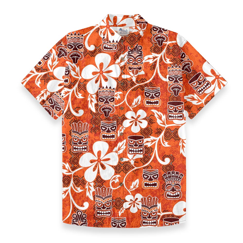 Vintage Orange Tiki Button Down Hawaiian Shirt Cotton - variant image 1