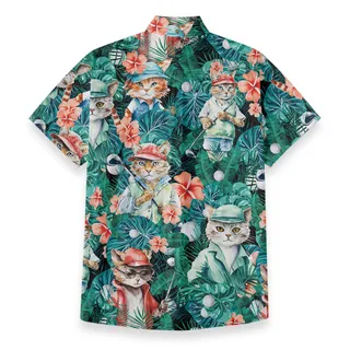 Funny Cat Golf Tropical Button Down Cotton Shirt