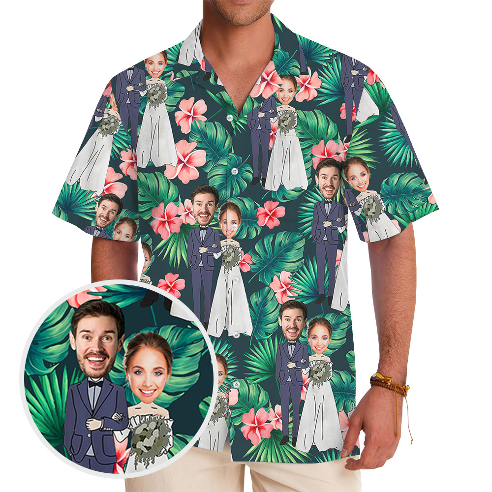 Personalized Couple Faces Wedding Tropical Hawaiian Shirts