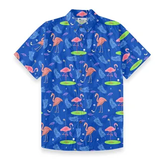 Flamingo Playing Golf Blue Button Down Shirt Cotton