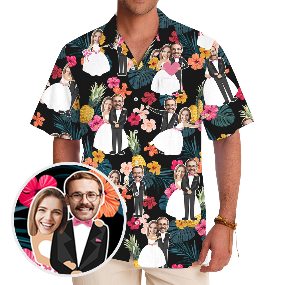 Custom Faces Couple Wedding Hawaiian Shirt With Preview