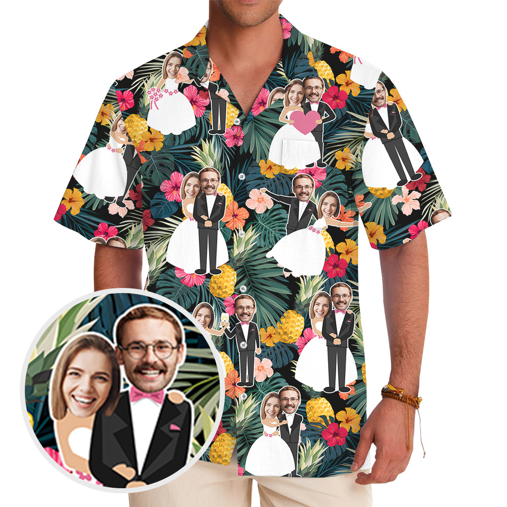 Custom Face Wedding Hawaiian Shirt For Bride And Groom
