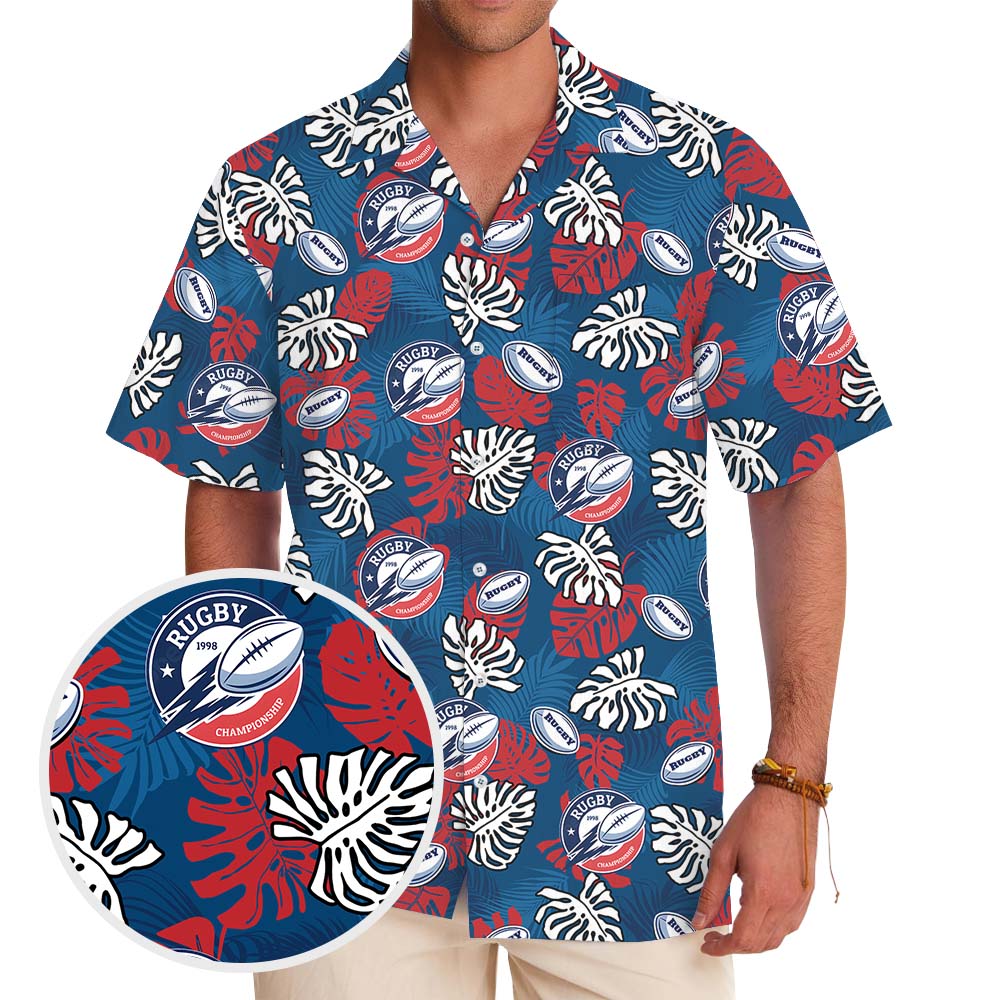 Rugby Blue And Red Hawaiian Shirt With Custom Logo - variant image 1