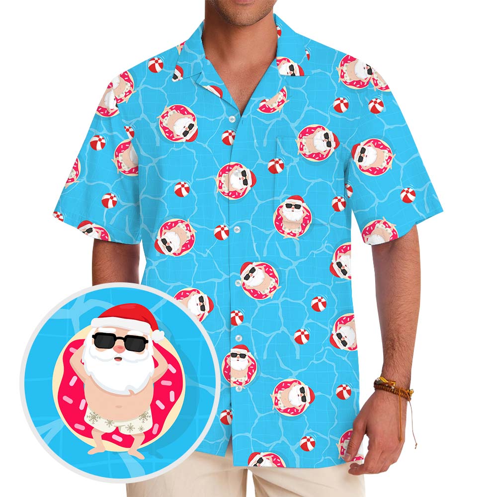 Santa Swimming Pool Blue Hawaiian Shirt - variant image 1