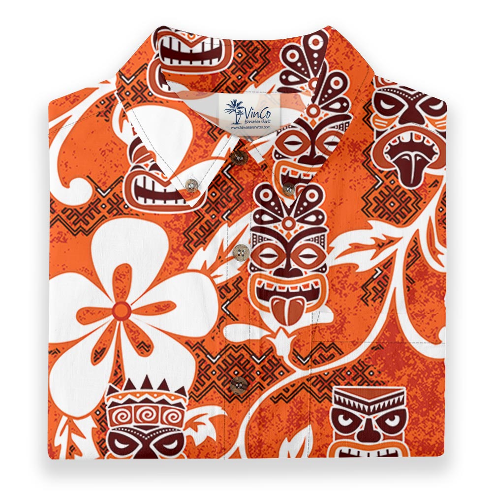 Vintage Orange Tiki Button Down Hawaiian Shirt Cotton