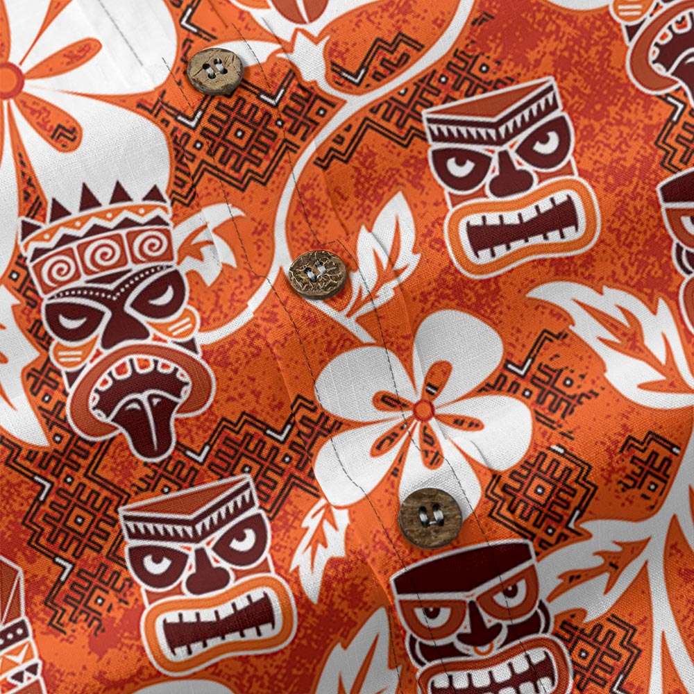 Vintage Orange Tiki Button Down Hawaiian Shirt Cotton