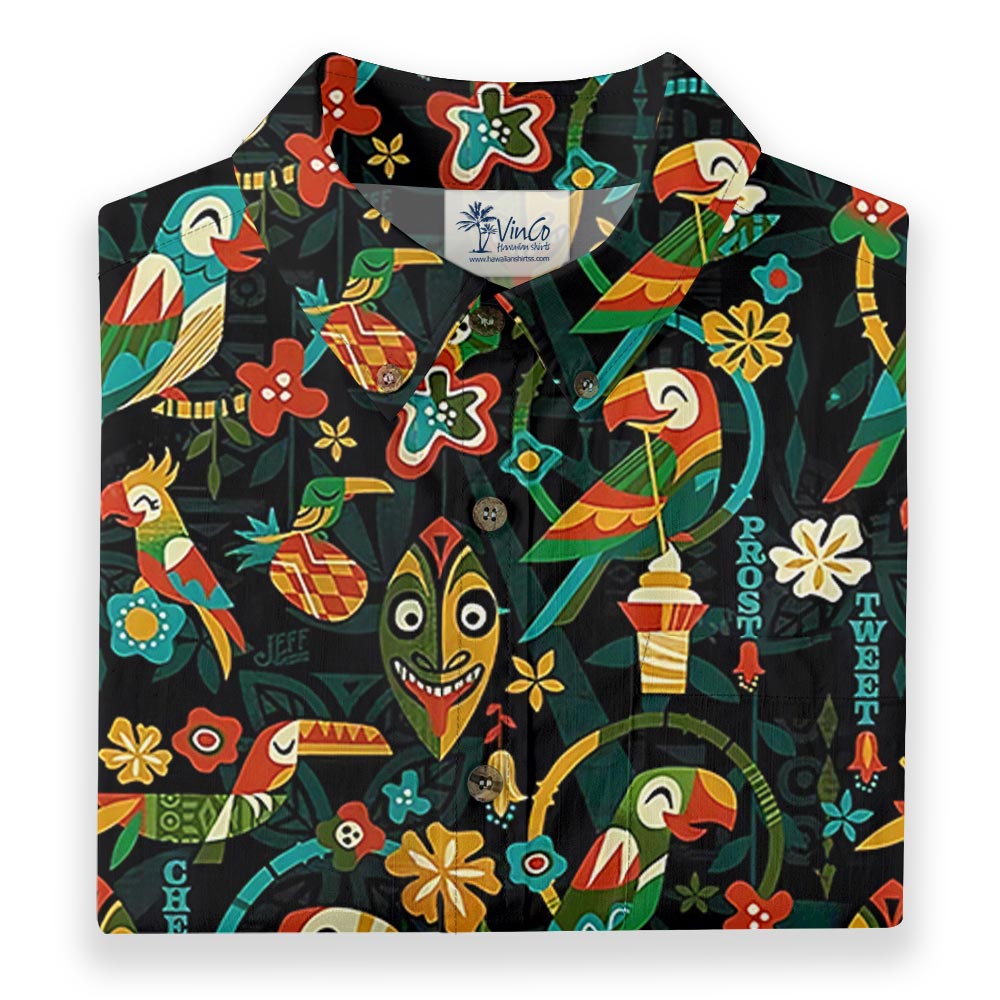 Vintage Parrot Tiki Button Down Aloha Shirt 100% Cotton