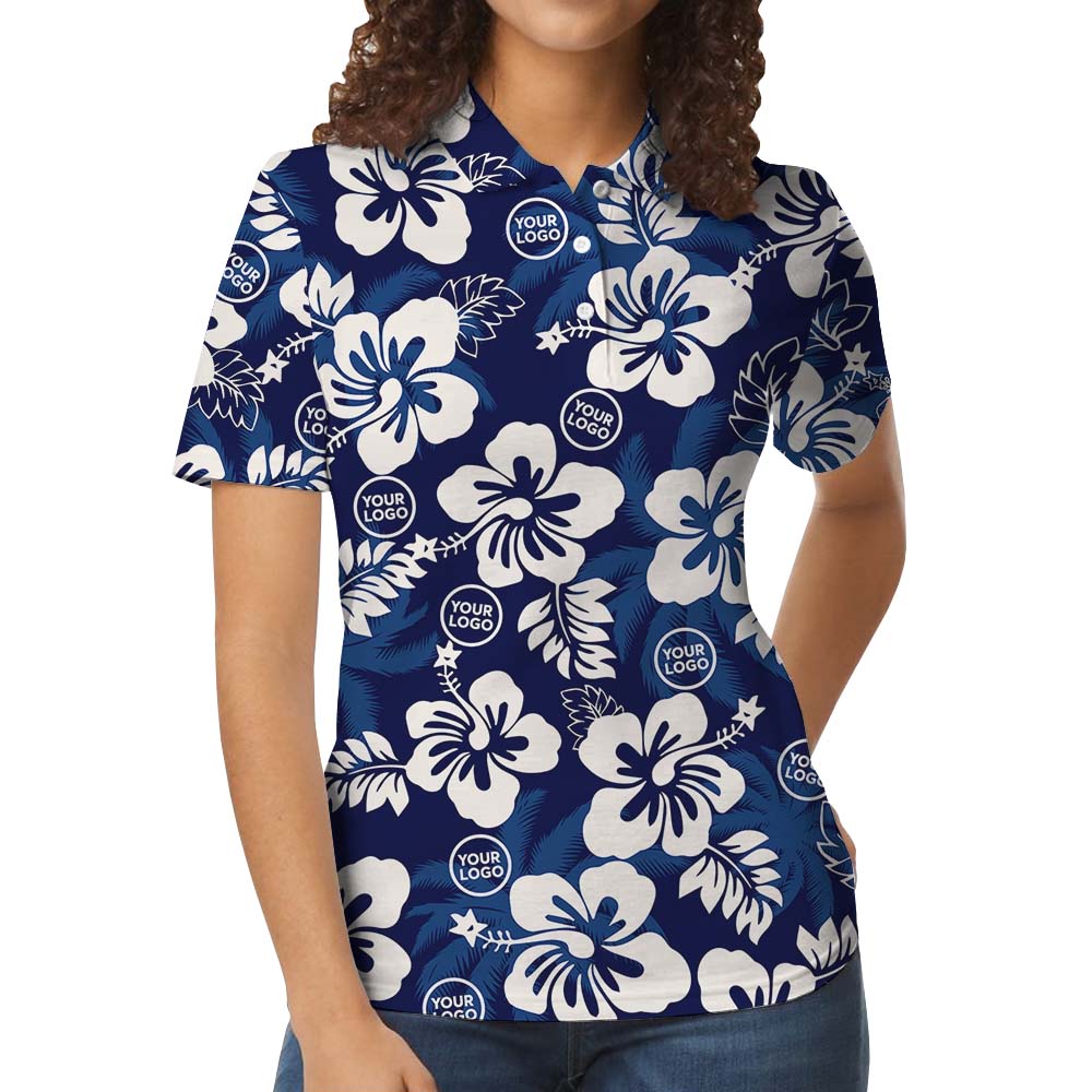 Cool Custom Floral Blue Polo Shirt With Logo