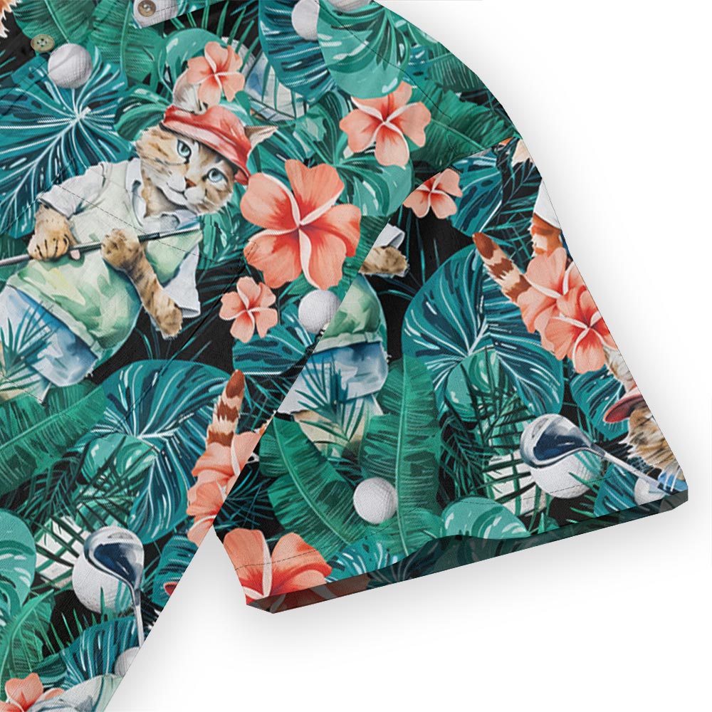 Funny Cat Golf Tropical Button Down Cotton Shirt
