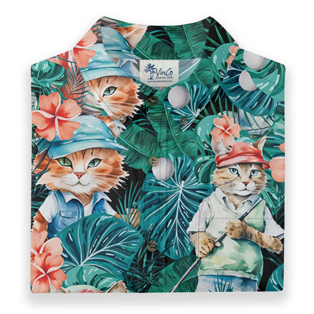 Funny Cat Golf Tropical Button Down Cotton Shirt