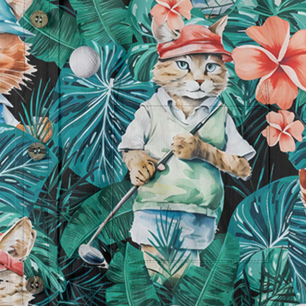 Funny Cat Golf Tropical Button Down Cotton Shirt