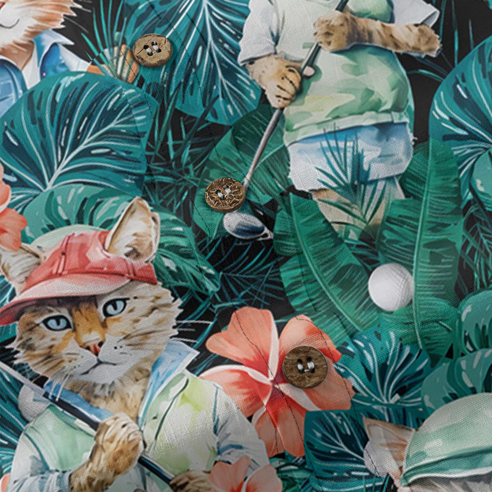 Funny Cat Golf Tropical Button Down Cotton Shirt