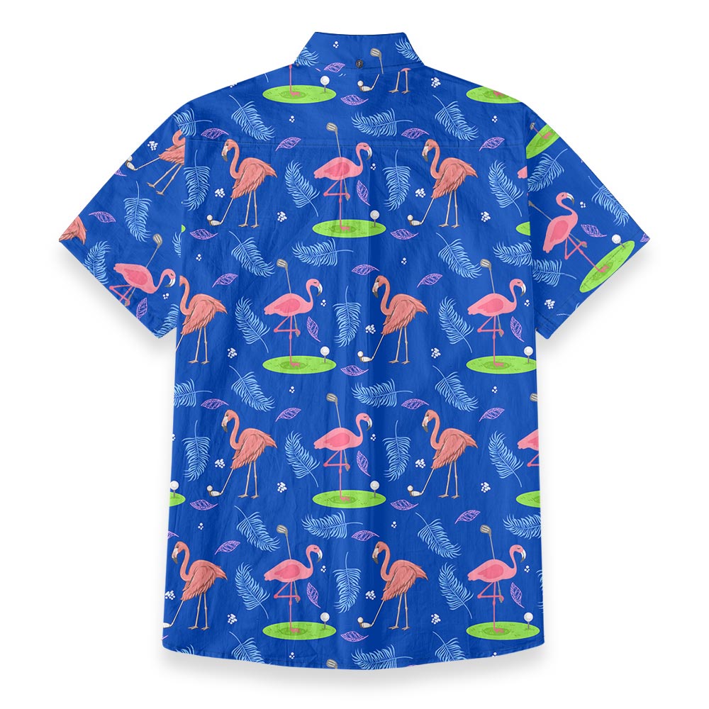 Flamingo Playing Golf Blue Button Down Shirt Cotton