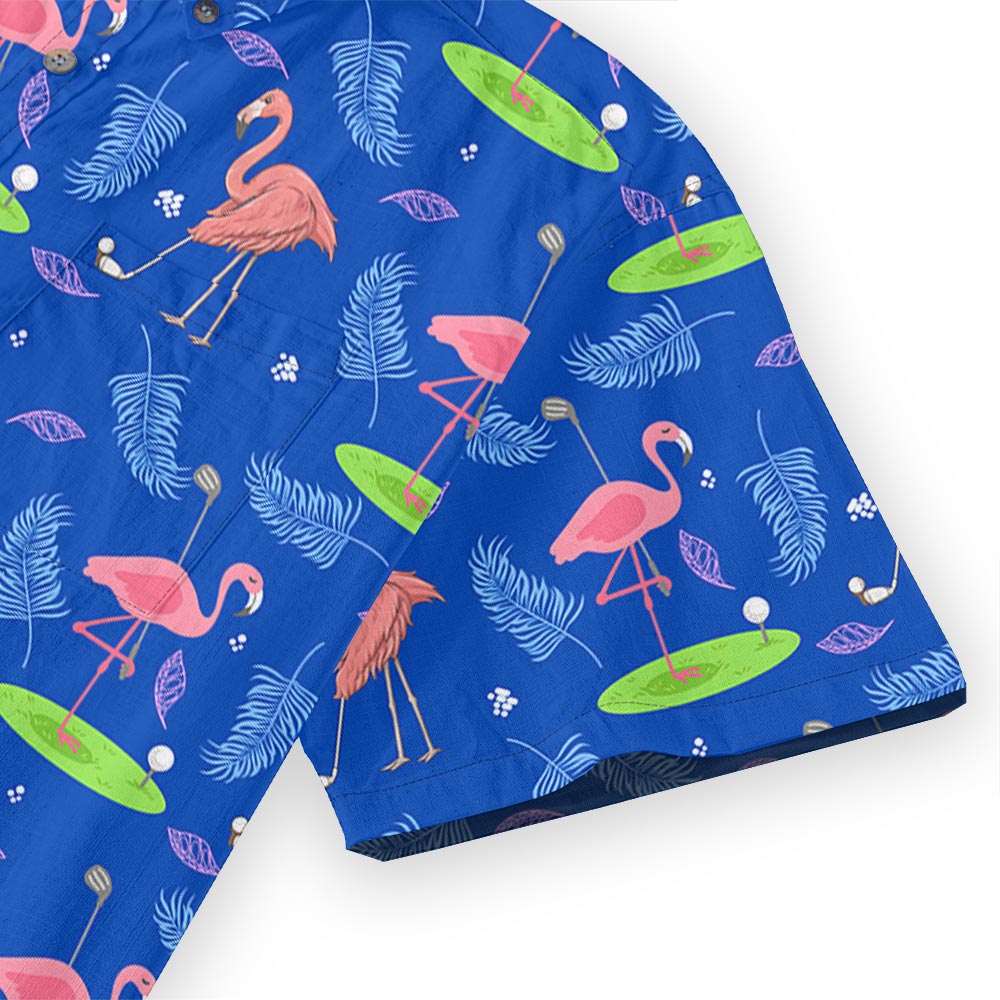 Flamingo Playing Golf Blue Button Down Shirt Cotton