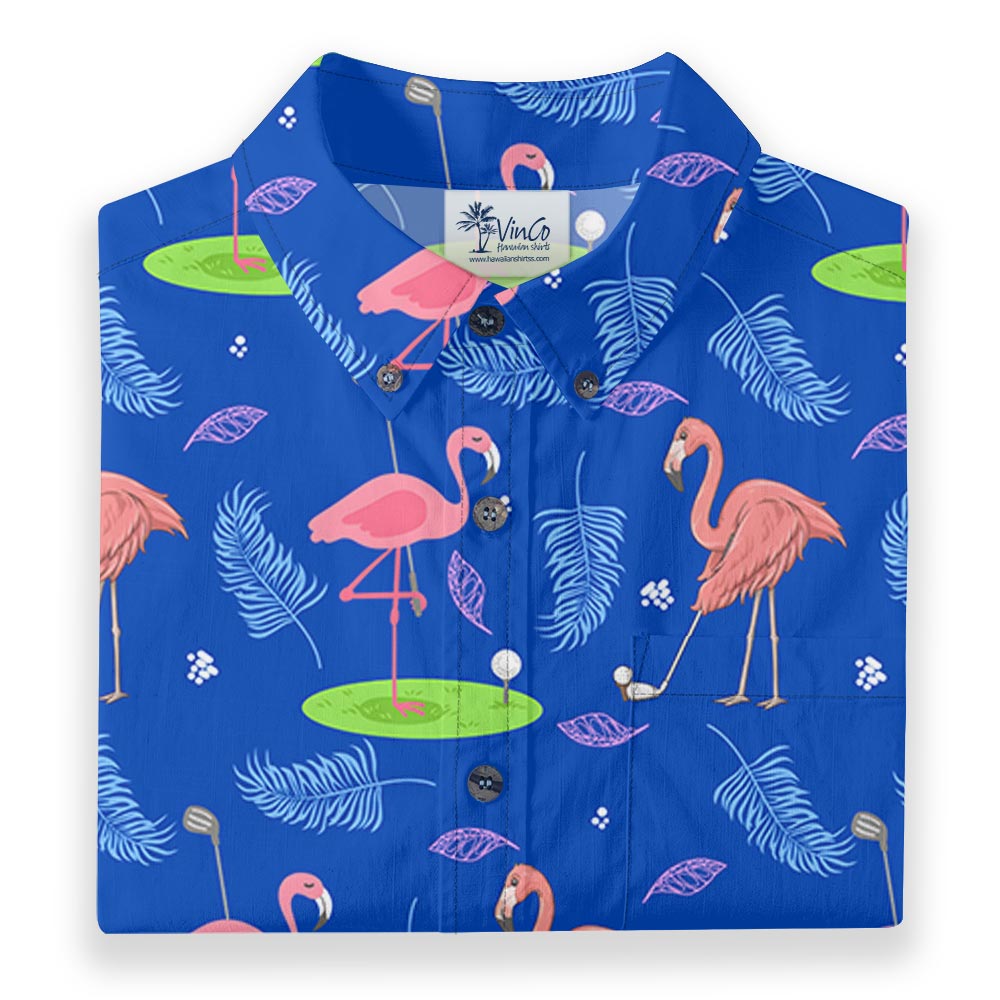 Flamingo Playing Golf Blue Button Down Shirt Cotton