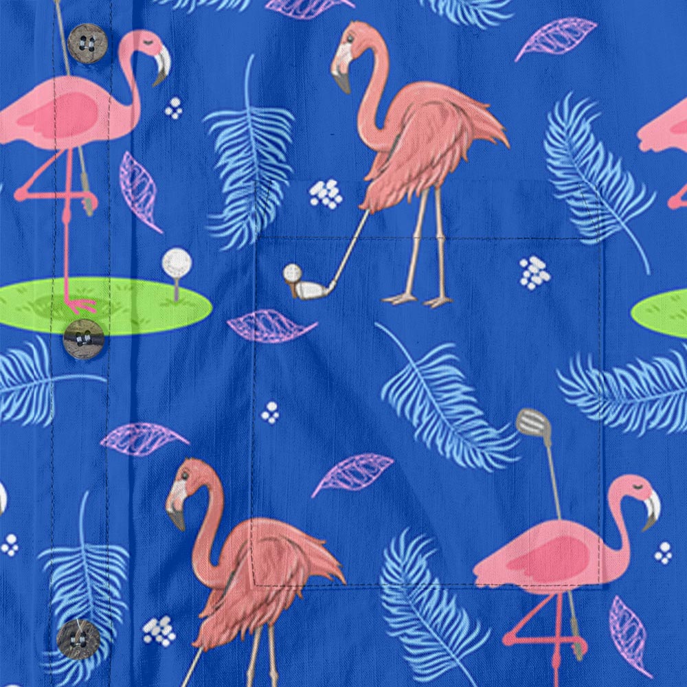 Flamingo Playing Golf Blue Button Down Shirt Cotton