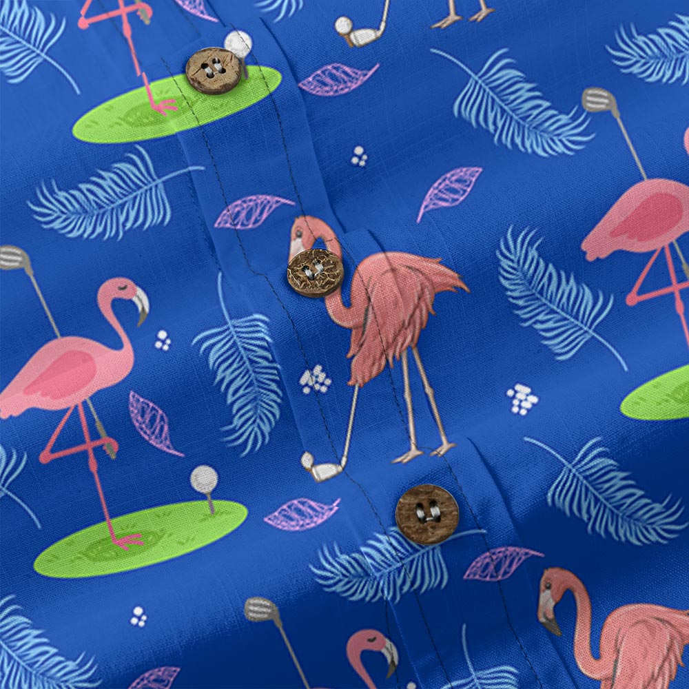 Flamingo Playing Golf Blue Button Down Shirt Cotton