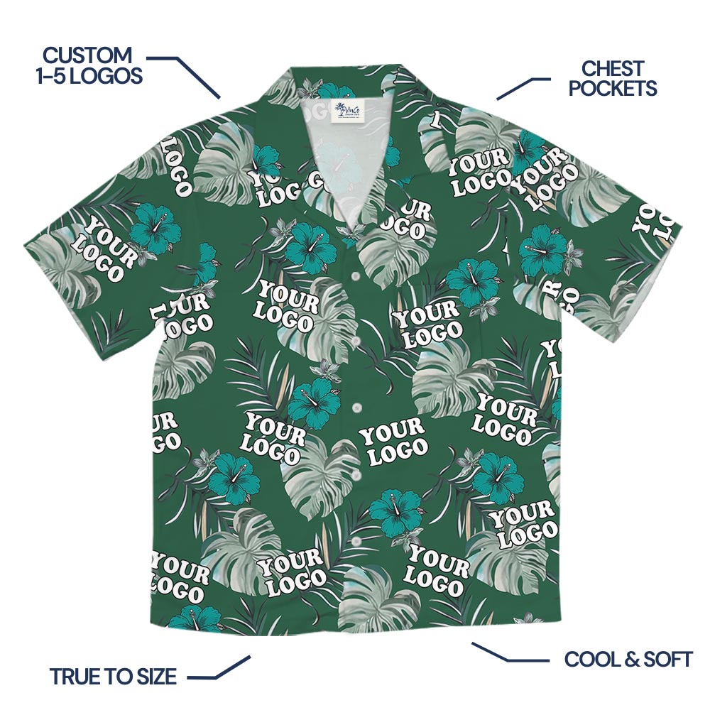 Bulk Order Custom Logo Company Hawaiian Shirt Green Hibiscus