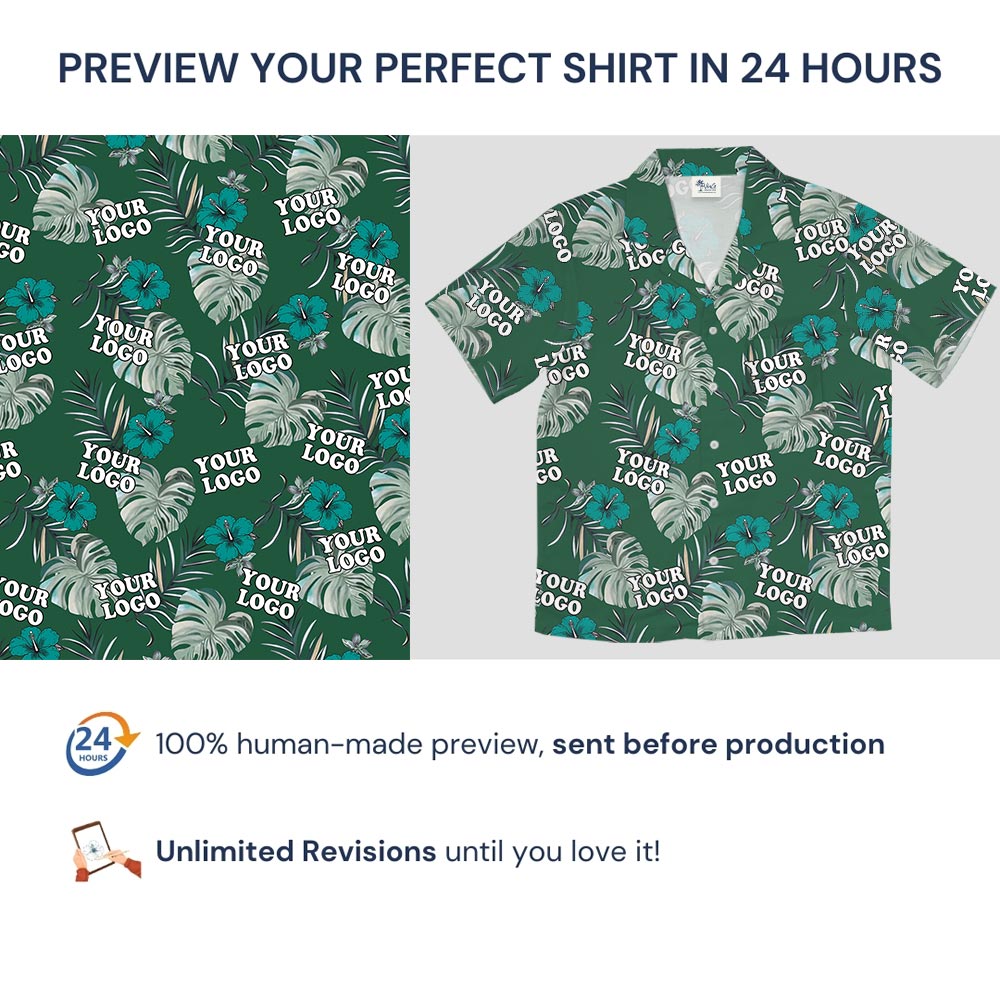 Bulk Order Custom Logo Company Hawaiian Shirt Green Hibiscus