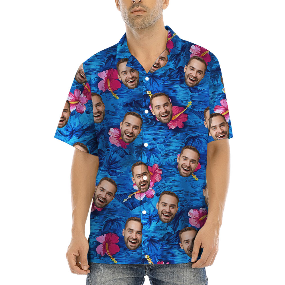 Custom Hibiscus Navy Hawaiian Shirt With Face