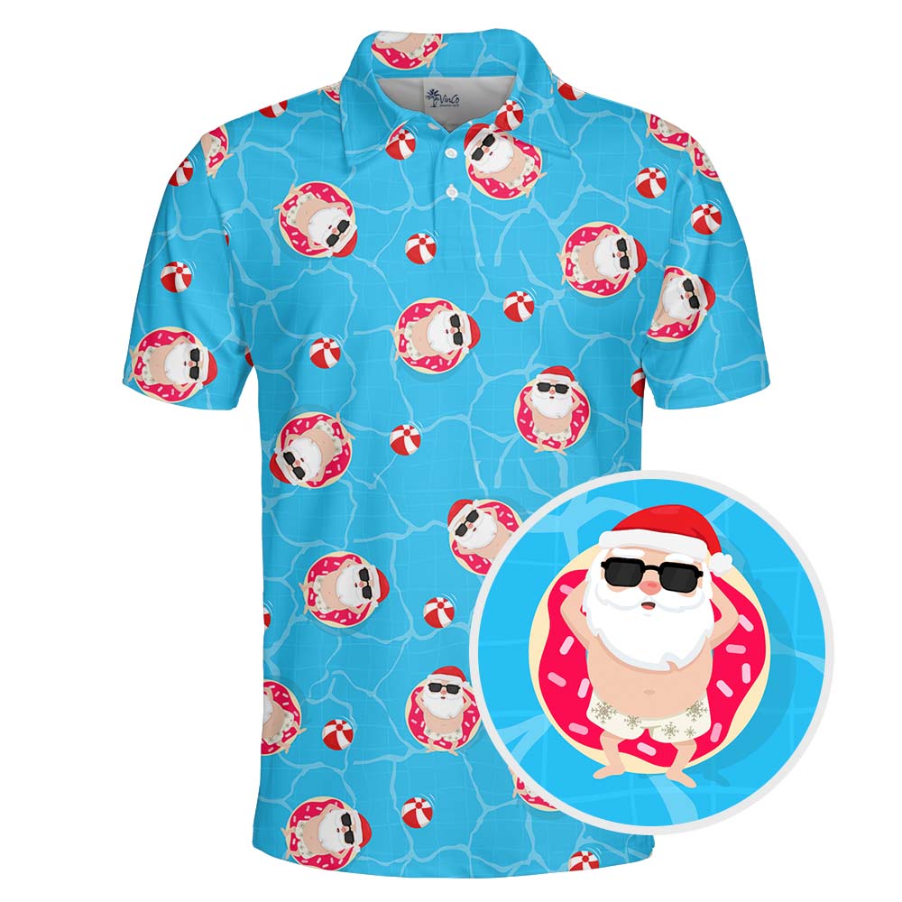 Swimming Pool Santa Polo Shirt For Christmas In July