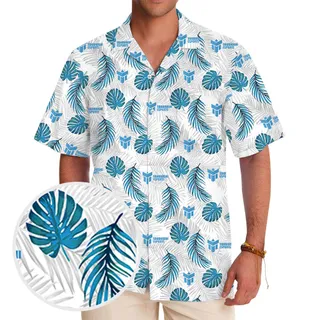 Tropical Leaves Blue And White Hawaiian Shirt With Logo